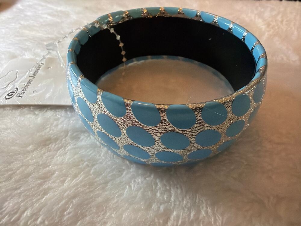 Y2K Blue Silver Polka Dot Wide Bangle Bracelet Chunky Statement Jewelry NWT